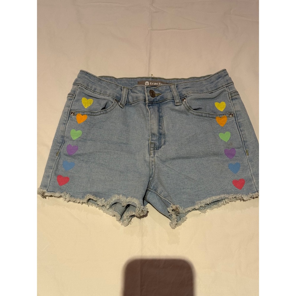 Tractr Girls Light Wash Denim Rainbow Heart Shorts Frayed Hem Size 10